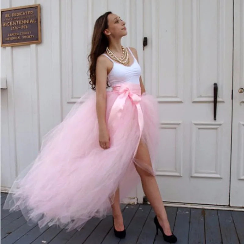 New Design Pink Tulle Skirt Custom Made Ribbon Waistline A Line Floor  Length Maxi Skirt Front Slit Long Skirts Women From Tianheshuishop, $78.3